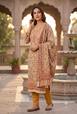 A woman models a traditional Indian salwar kameez suit in an outdoor courtyard with arches and a fountain. The outfit features a beige kurta with intricate multicolor floral prints, mustard yellow trousers, and a matching patterned dupatta.