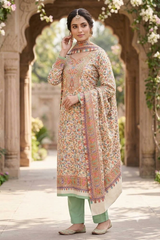 A woman models a traditional Indian salwar kameez suit in an outdoor courtyard with arches. The outfit features a beige tunic with intricate multicolor floral embroidery, a matching dupatta, and light green pants.