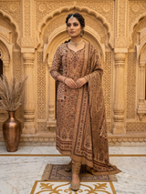 Classic Camel & Brown Printed Woolen Unstitched Suit with Matching Stole CraftKashmir
