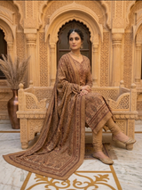 Classic Camel & Brown Printed Woolen Unstitched Suit with Matching Stole CraftKashmir