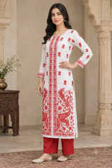 White Kashmiri Woollen Salwar Kameez with Red Embroidery CraftKashmir
