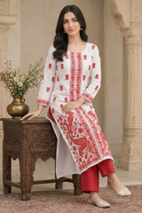 White Kashmiri Woollen Salwar Kameez with Red Embroidery CraftKashmir