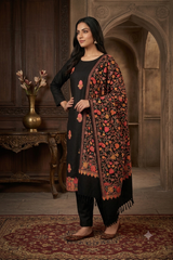 Heavy Kashmiri embroidery on black woollen stole