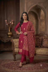 Maroon Kashmiri Woollen Salwar Kameez with Heavy Embroidered Stole CraftKashmir