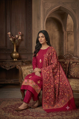 Maroon Kashmiri Woollen Salwar Kameez with Heavy Embroidered Stole CraftKashmir