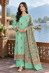 Green Kashmiri Woollen Unstitched Salwar Kameez with Aari Work & Jaal Stole CraftKashmir