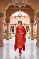 Red Kashmiri Woollen Unstitched Salwar Kameez with Heavy Aari Jaal & Stole CraftKashmir