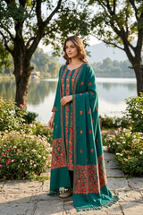 Bottle Green Kashmiri Woollen Unstitched Salwar Kameez with Aari Jaal & Stole CraftKashmir