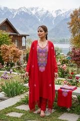 Red Kashmiri woollen unstitched salwar kameez with Aari embroidery and motif stole