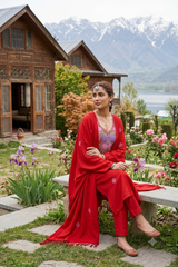 Red Kashmiri Woollen Salwar Kameez with Aari Embroidery & Motif Stole CraftKashmir