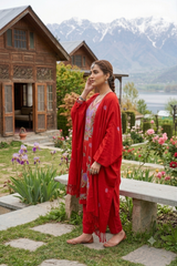 Red Kashmiri Woollen Salwar Kameez with Aari Embroidery & Motif Stole CraftKashmir