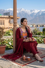 Maroon Kashmiri Woollen Salwar Kameez with Aari Embroidery & Motif Stole CraftKashmir