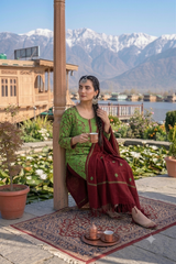 Maroon Kashmiri Woollen Salwar Kameez with Aari Embroidery & Motif Stole CraftKashmir