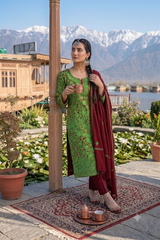 Maroon Kashmiri Woollen Salwar Kameez with Aari Embroidery & Motif Stole CraftKashmir
