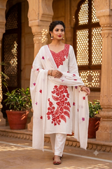 White Woollen Salwar Kameez with Kashmiri Embroidery & Stole CraftKashmir