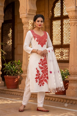 White Woollen Salwar Kameez with Kashmiri Embroidery & Stole CraftKashmir