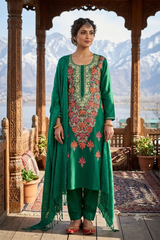 Green Unstitched Woollen Salwar Kameez with Kashmiri Embroidery & Stole CraftKashmir
