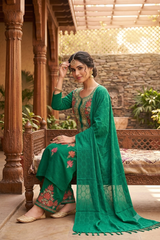 Green Unstitched Woollen Salwar Kameez with Kashmiri Embroidery & Stole CraftKashmir