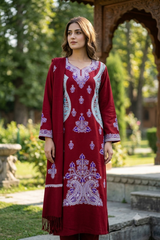 Model wearing maroon Kashmiri woollen unstitched salwar kameez with embroidery and stole