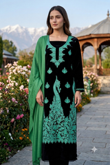 Black Kashmiri Woollen Unstitched Salwar Kameez with Stole CraftKashmir