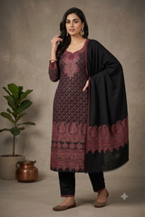 Black Kashmiri Kani designer border detail on woollen suit