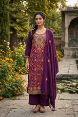 Model wearing wine Kashmiri woollen unstitched salwar kameez with stol