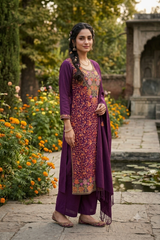Wine Kashmiri unstitched woollen suit with stole