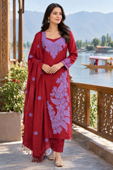 Maroon Kashmiri Woollen Unstitched Salwar Kameez with Stole CraftKashmir