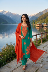 Green Kashmiri Woollen Unstitched Salwar Kameez with Stole CraftKashmir