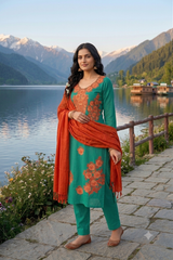 Green Kashmiri Woollen Unstitched Salwar Kameez with Stole CraftKashmir