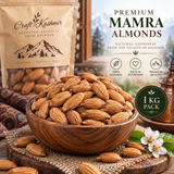 Premium Mamra almonds in a wooden bowl with Craft Kashmir package, 1 kg