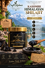 Original Kashmiri Shilajit resin jar from Craft Kashmir with Himalayan mountains in the background