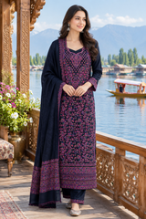 Model wearing black Kashmiri Kani woollen unstitched salwar kameez with stole