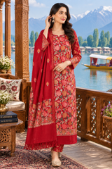 Model showcasing maroon Kashmiri Aari work woollen unstitched salwar kameez with stole