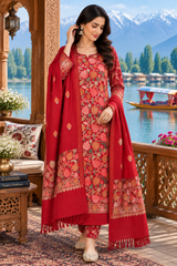 Model wearing maroon Kashmiri Aari woollen unstitched salwar kameez with stole