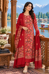 Model wearing maroon Kashmiri woollen unstitched salwar kameez with intricate Aari work