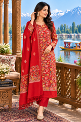 Model wearing red Kashmiri Aari woollen unstitched salwar kameez with stole