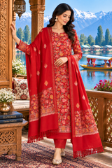 Model wearing red Kashmiri woollen unstitched salwar kameez with intricate Aari work