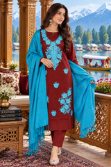 Maroon Kashmiri Woollen Unstitched Salwar Kameez with Stole CraftKashmir