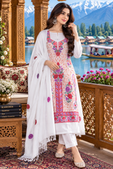 White Kashmiri Woollen Unstitched Salwar Kameez with Stole CraftKashmir
