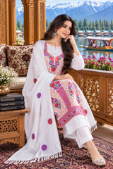 White Kashmiri Woollen Unstitched Salwar Kameez with Stole CraftKashmir