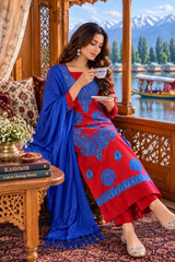 Red Kashmiri Woollen Unstitched Salwar Kameez with Stole CraftKashmir