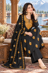 Black Kashmiri woollen unstitched suit with embroidered stole, model view