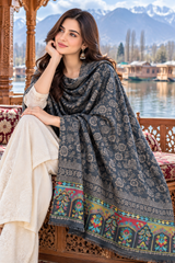 Blue Kashmiri Wool Shawl with Woven Pattern CraftKashmir