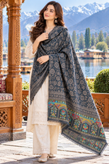 Blue Kashmiri Wool Shawl with Woven Pattern CraftKashmir