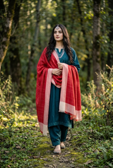 Red Kashmiri Wool Shawl with Check Pattern CraftKashmir