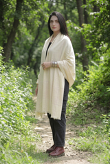 Cream Kashmiri Wool Shawl with Striped Pattern CraftKashmir