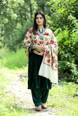 White Kashmiri Aari Embroidered Wool Shawl CraftKashmir