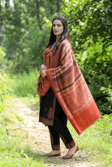 Orange Kashmiri Wool Shawl with Striped Pattern CraftKashmir