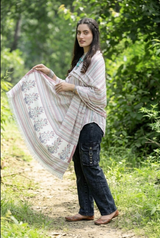 White Kashmiri Wool Shawl with Striped Pattern CraftKashmir
